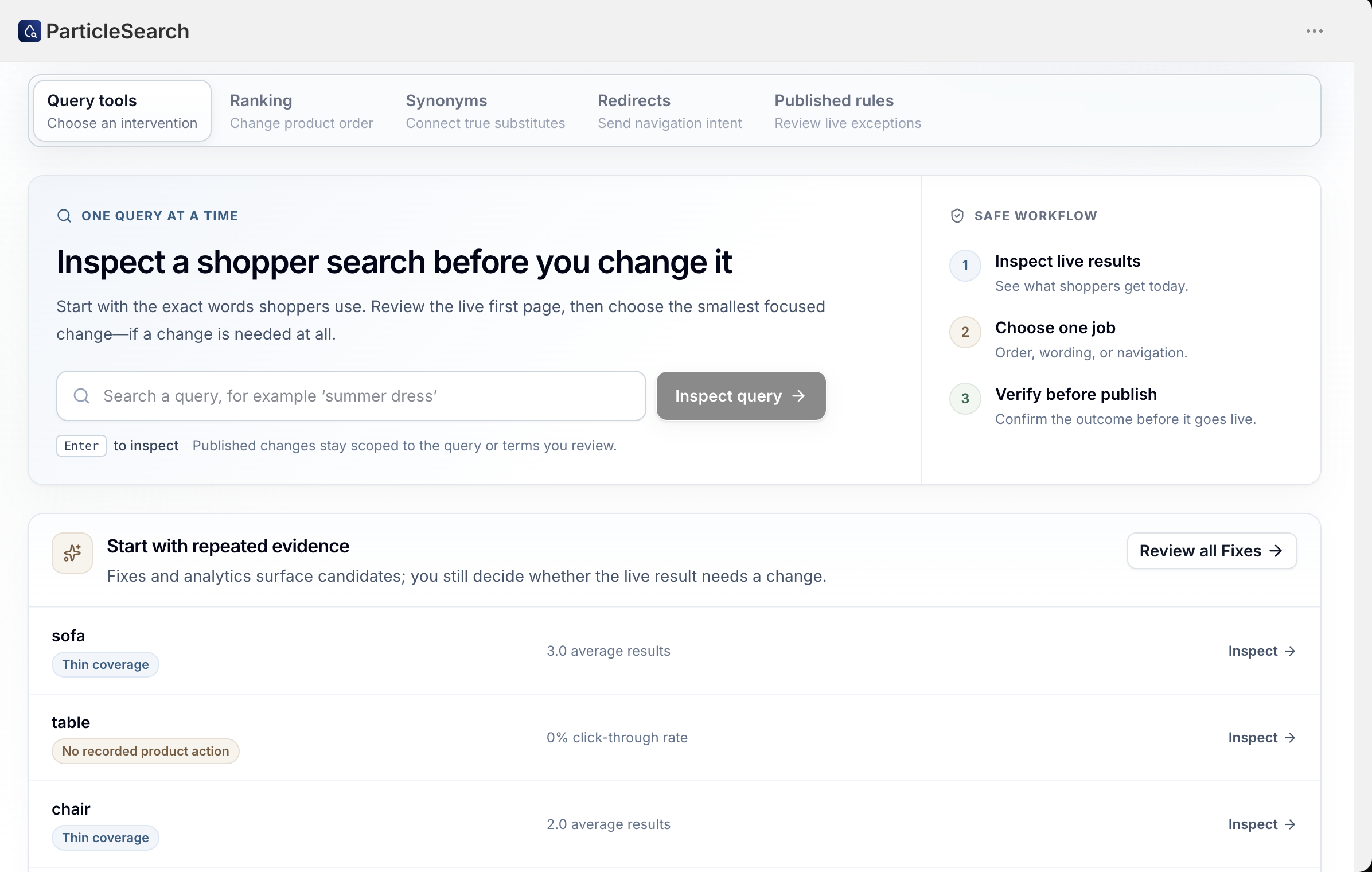 ParticleSearch Query tools workspace showing inspect a shopper search, a safe three-step workflow, and repeated evidence candidates